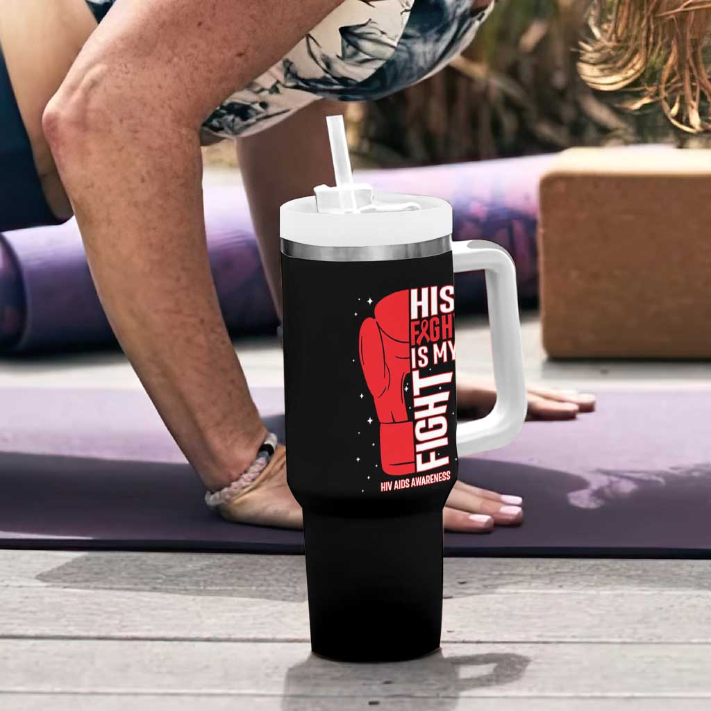 His Fight Is My Fight Tumbler With Handle Red Ribbon HIV Awareness Boxing Gift - Wonder Print Shop