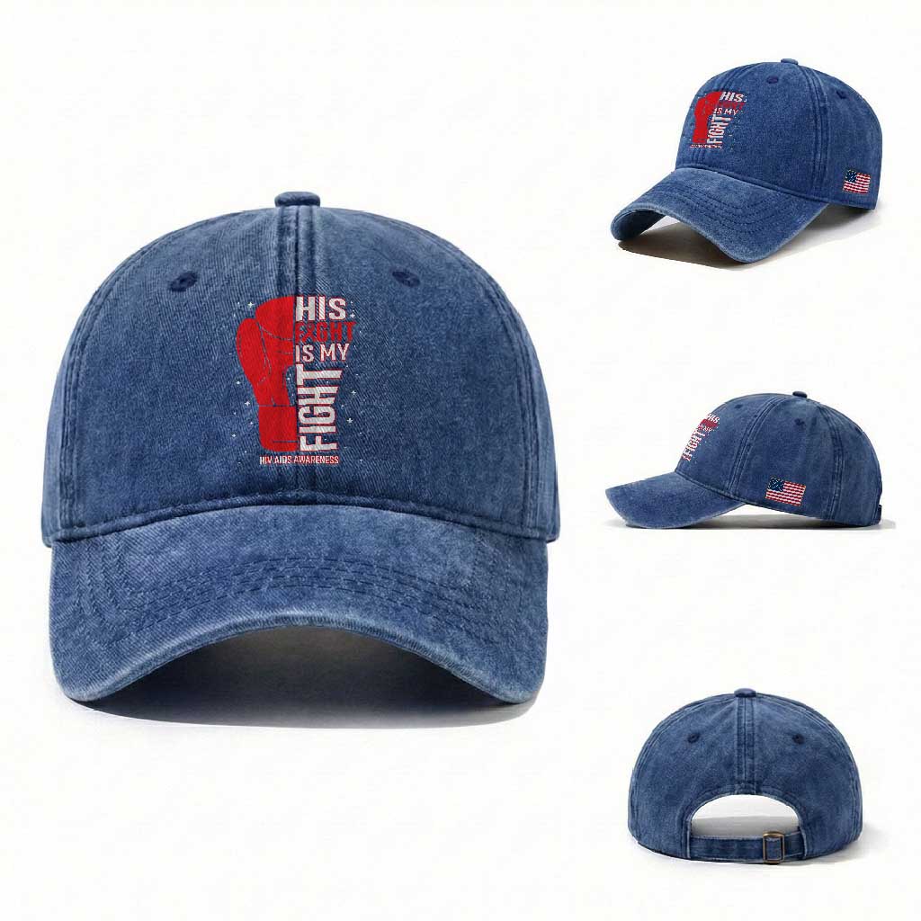 His Fight Is My Fight Washed Cotton Baseball Cap Red Ribbon HIV Awareness Boxing Gift