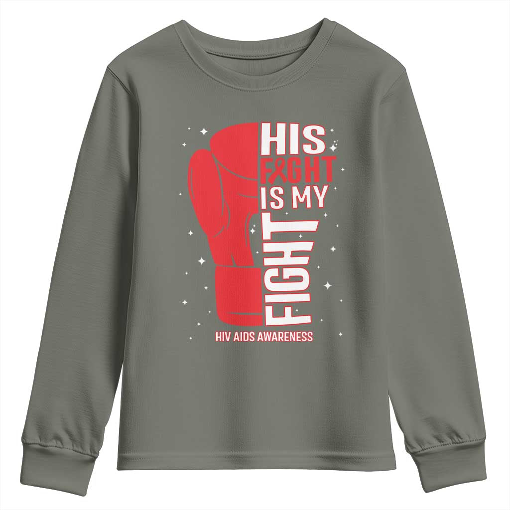 His Fight Is My Fight Youth Sweatshirt Red Ribbon HIV Awareness Boxing Gift - Wonder Print Shop