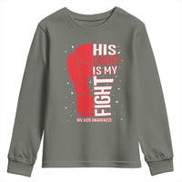 His Fight Is My Fight Youth Sweatshirt Red Ribbon HIV Awareness Boxing Gift - Wonder Print Shop
