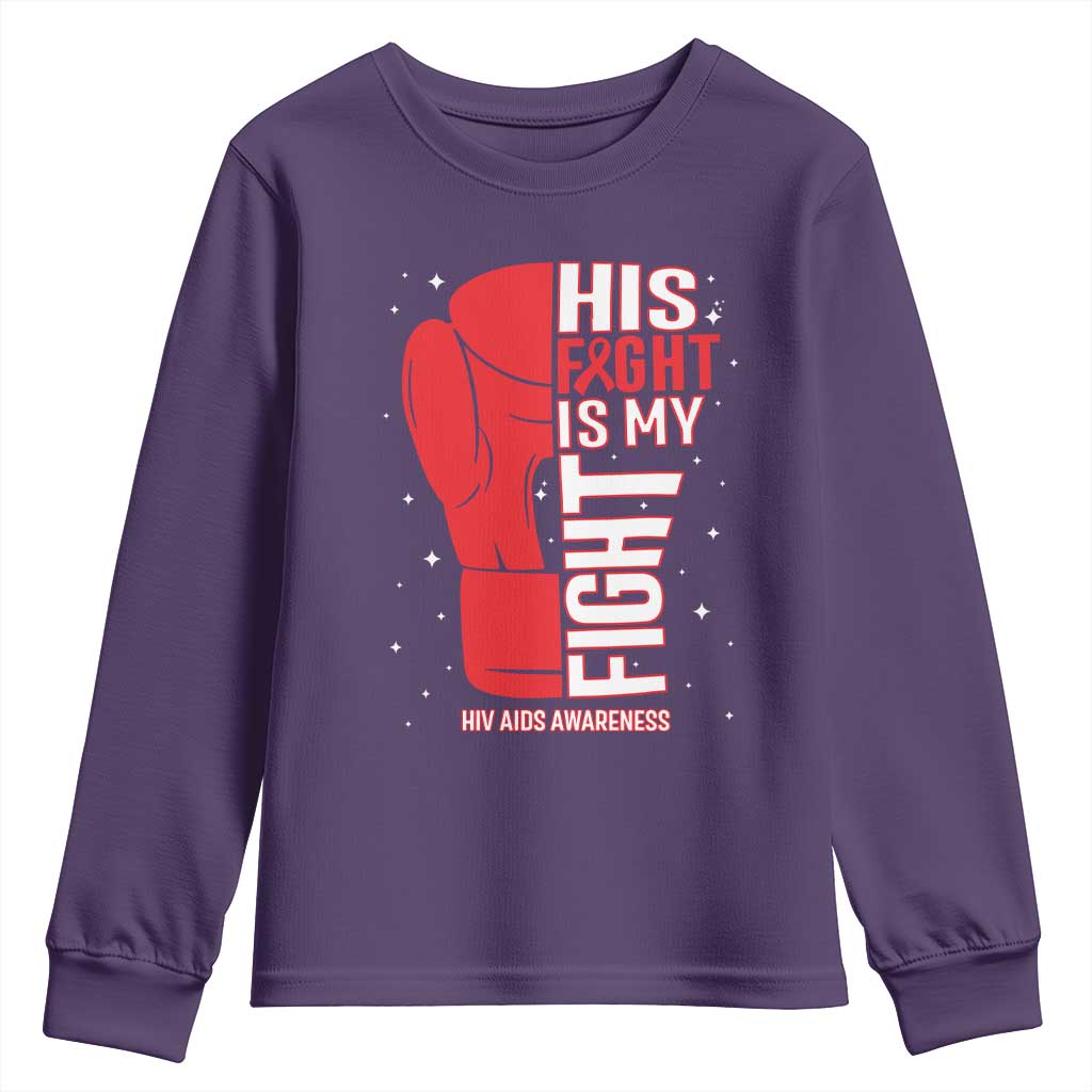 His Fight Is My Fight Youth Sweatshirt Red Ribbon HIV Awareness Boxing Gift - Wonder Print Shop