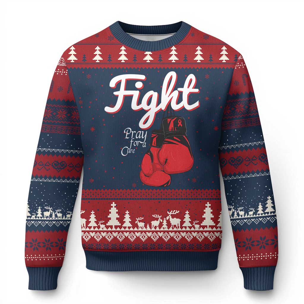 Fight Pray For A Cure Ugly Christmas Sweater Red Ribbon HIV Awareness Boxing Gift - Wonder Print Shop