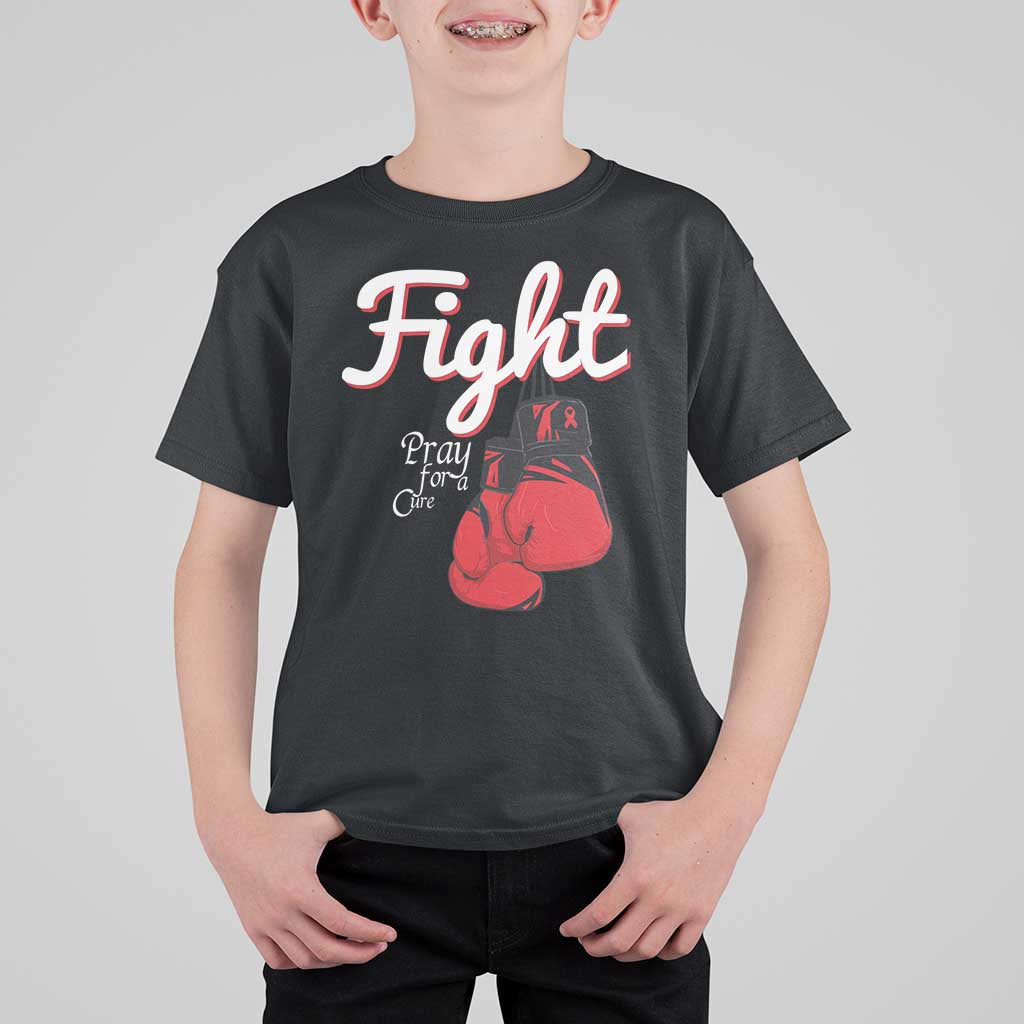 Fight Pray For A Cure T Shirt For Kid Red Ribbon HIV Awareness Boxing Gift - Wonder Print Shop