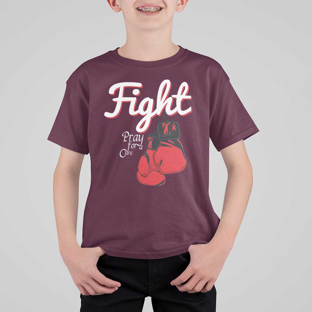 Fight Pray For A Cure T Shirt For Kid Red Ribbon HIV Awareness Boxing Gift - Wonder Print Shop