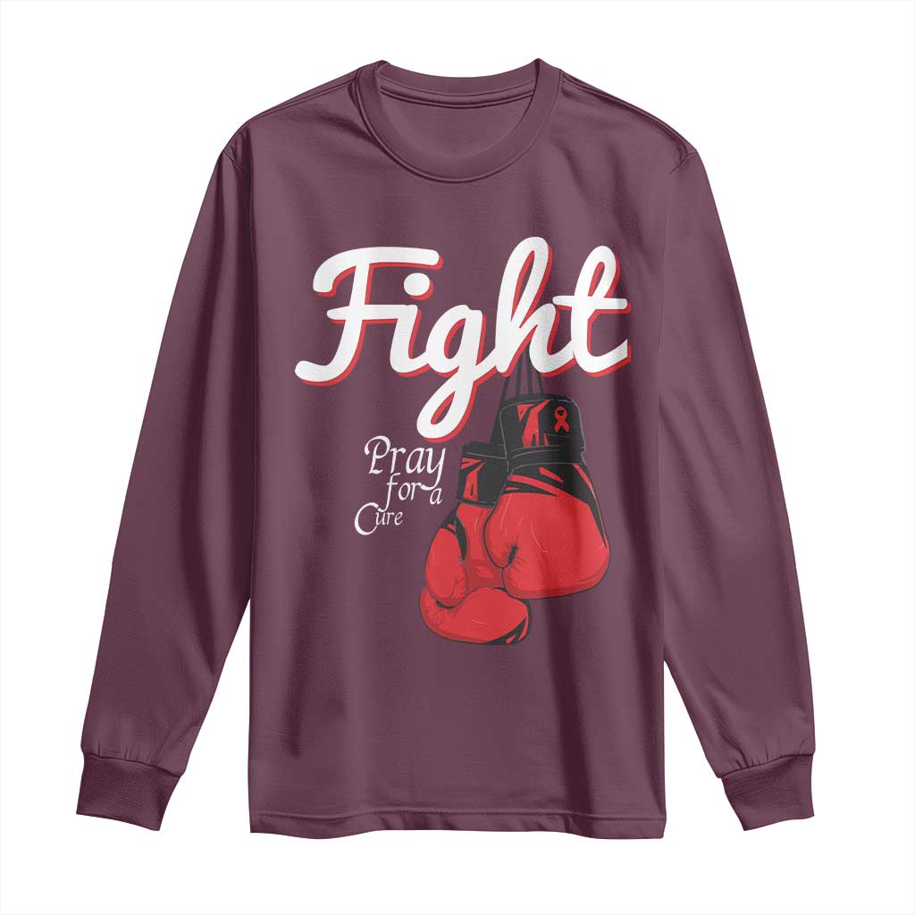 Fight Pray For A Cure Long Sleeve Shirt Red Ribbon HIV Awareness Boxing Gift - Wonder Print Shop