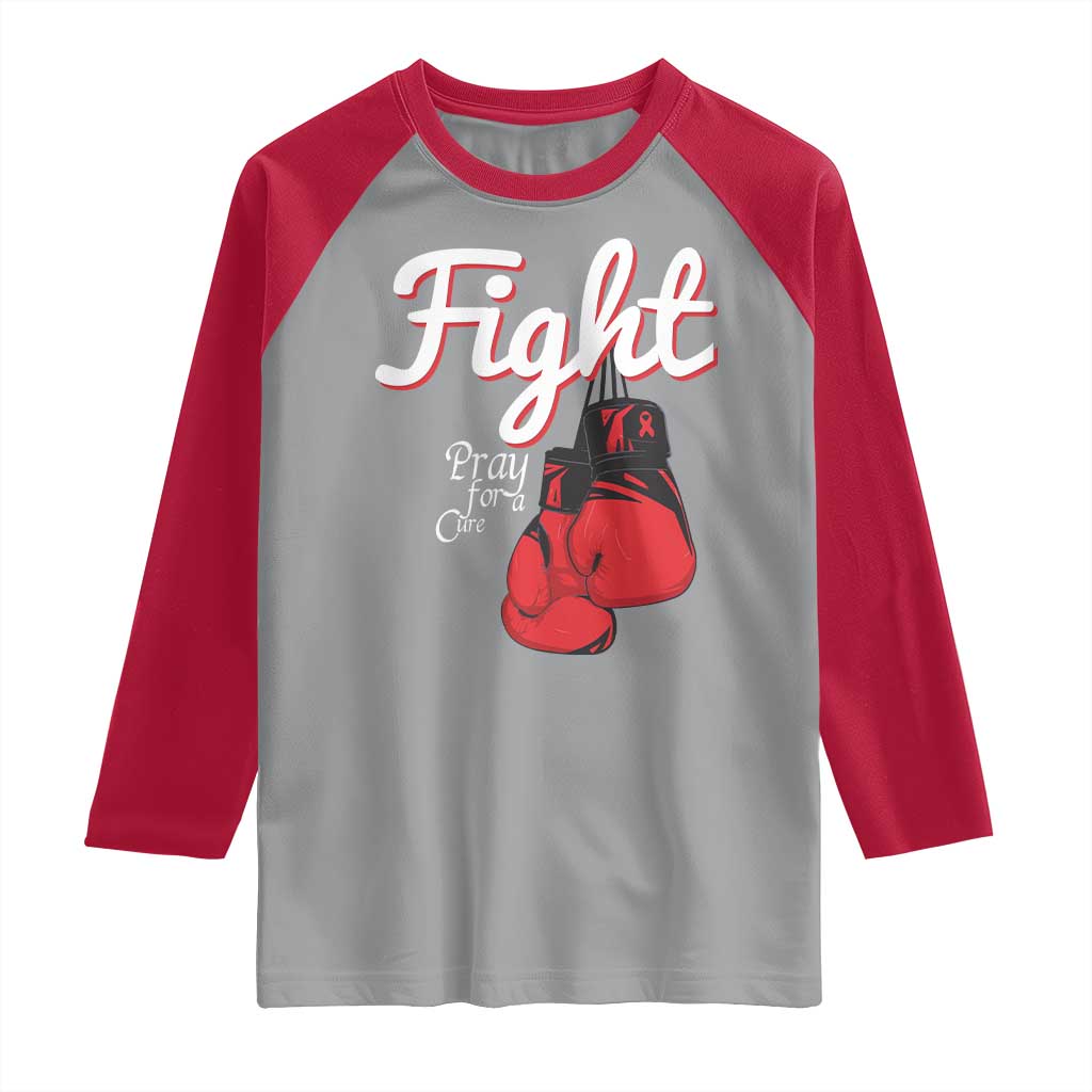 Fight Pray For A Cure Raglan Shirt Red Ribbon HIV Awareness Boxing Gift - Wonder Print Shop