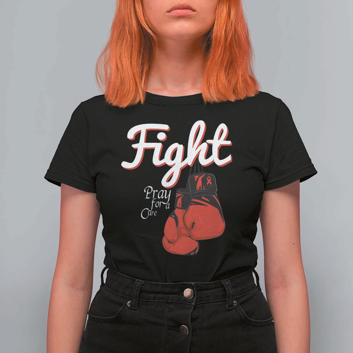 Fight Pray For A Cure T Shirt For Women Red Ribbon HIV Awareness Boxing Gift - Wonder Print Shop