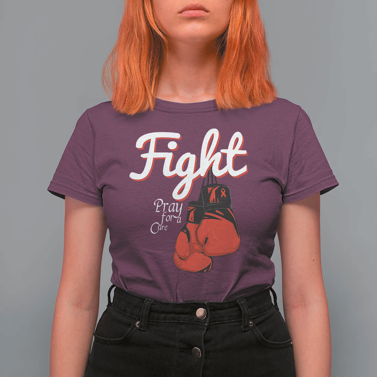 Fight Pray For A Cure T Shirt For Women Red Ribbon HIV Awareness Boxing Gift - Wonder Print Shop