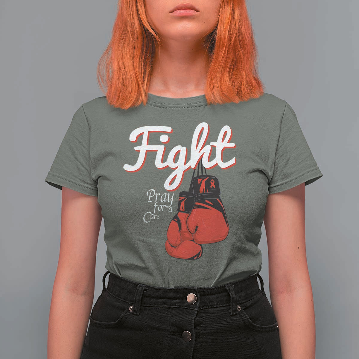 Fight Pray For A Cure T Shirt For Women Red Ribbon HIV Awareness Boxing Gift - Wonder Print Shop