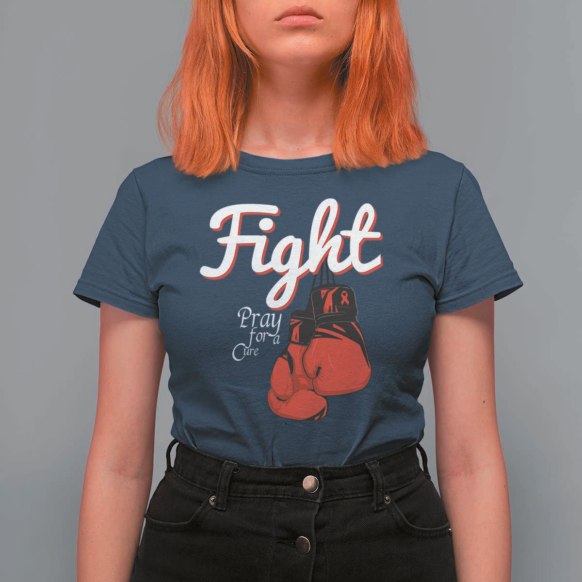 Fight Pray For A Cure T Shirt For Women Red Ribbon HIV Awareness Boxing Gift - Wonder Print Shop