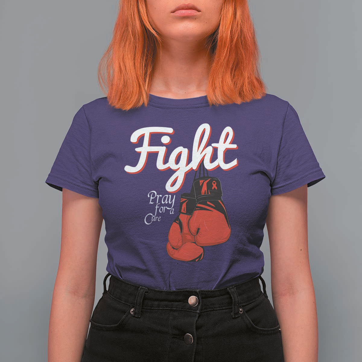 Fight Pray For A Cure T Shirt For Women Red Ribbon HIV Awareness Boxing Gift - Wonder Print Shop