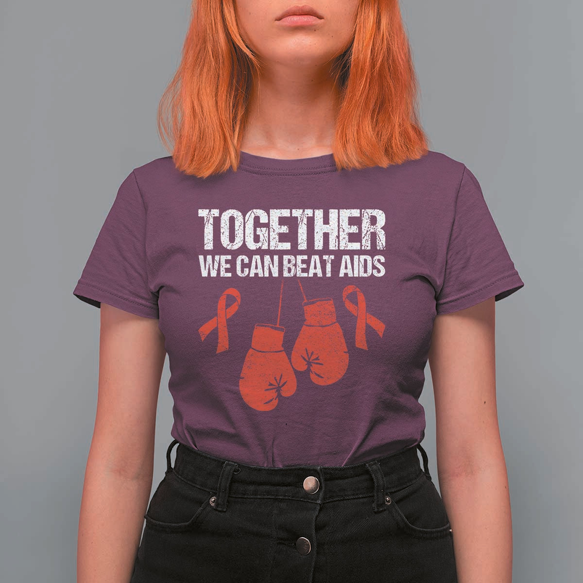 Together We Can Beat AIDS T Shirt For Women Boxing HIV Awareness Gift - Wonder Print Shop