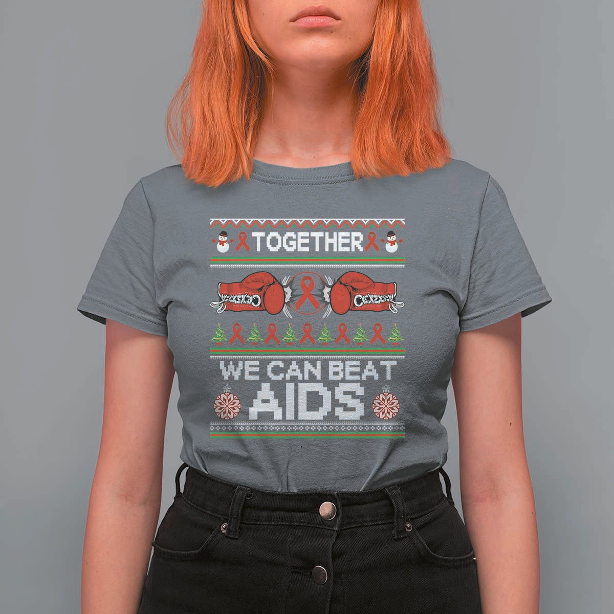Together We Can Beat AIDS T Shirt For Women HIV Awareness Boxing Ugly Sweater Gift - Wonder Print Shop