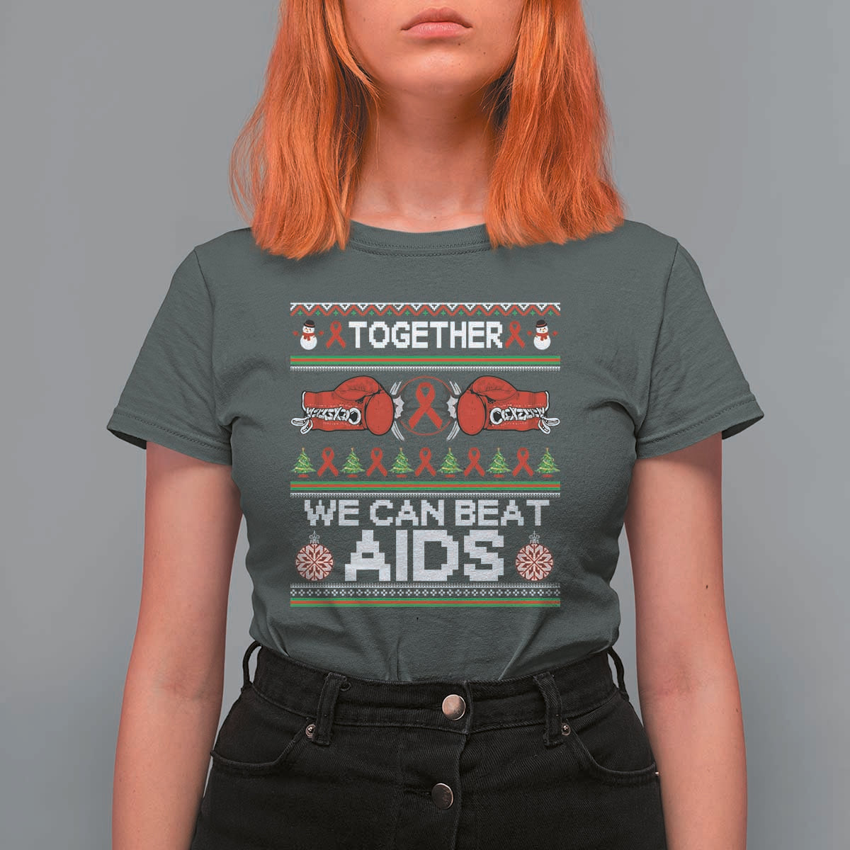 Together We Can Beat AIDS T Shirt For Women HIV Awareness Boxing Ugly Sweater Gift - Wonder Print Shop