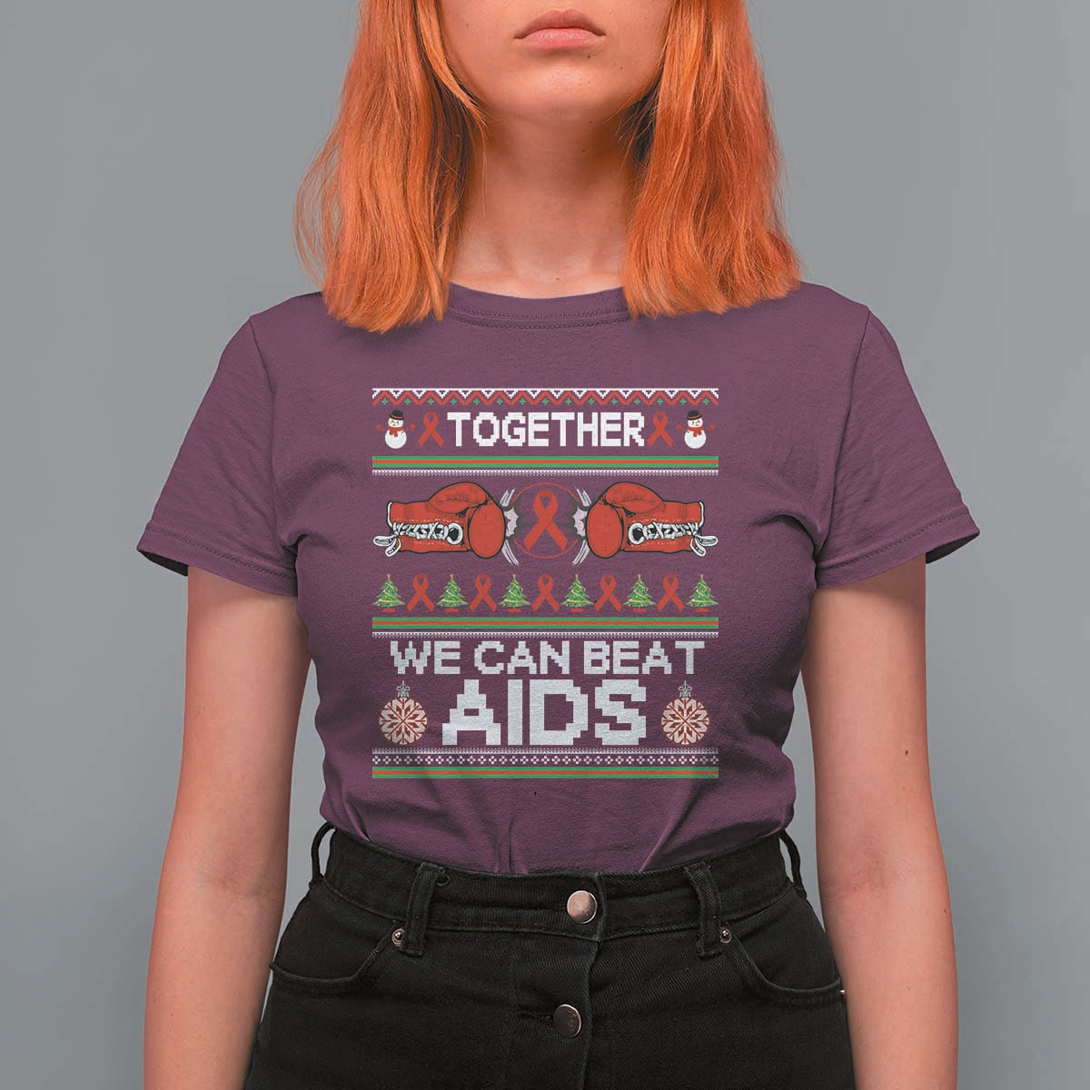 Together We Can Beat AIDS T Shirt For Women HIV Awareness Boxing Ugly Sweater Gift - Wonder Print Shop
