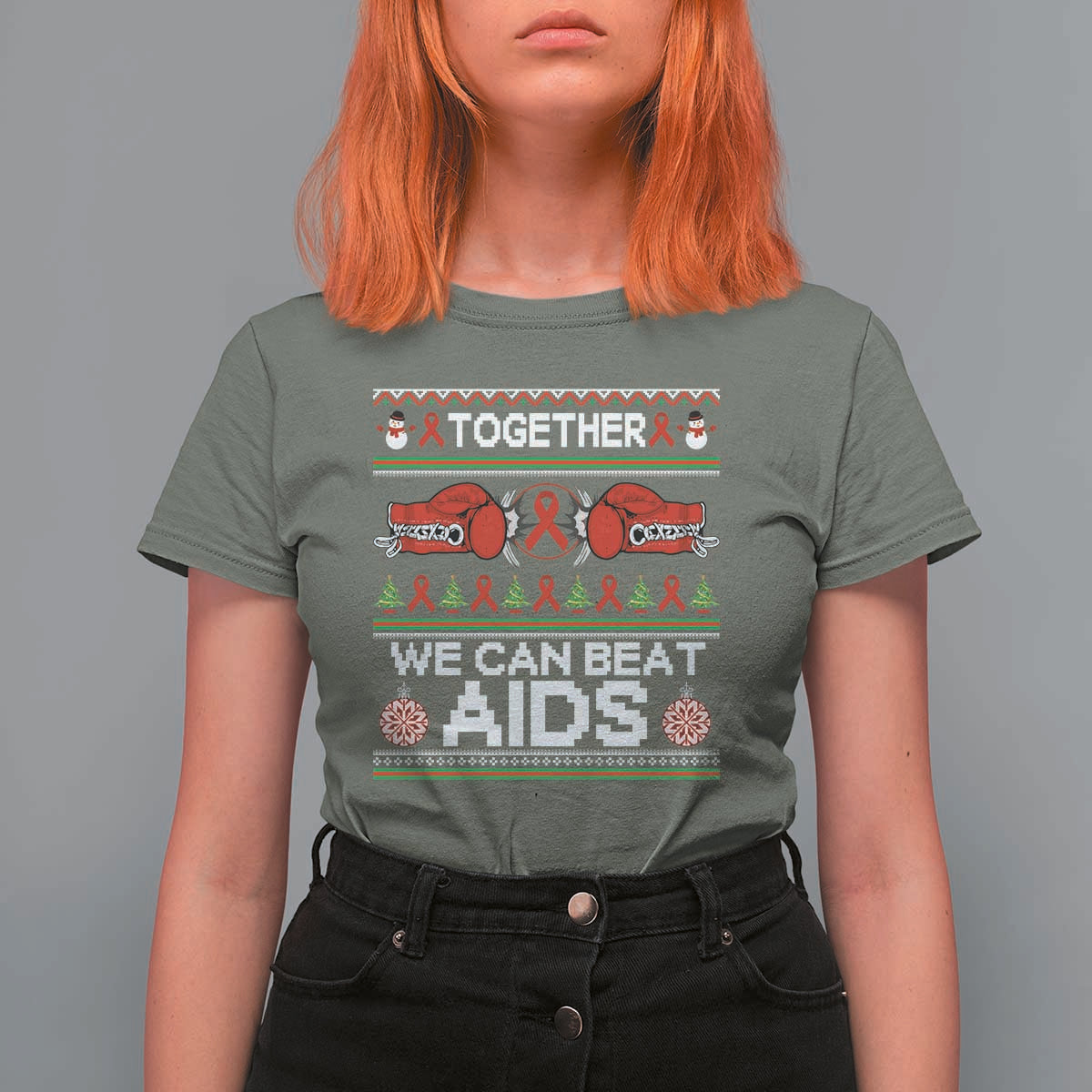 Together We Can Beat AIDS T Shirt For Women HIV Awareness Boxing Ugly Sweater Gift - Wonder Print Shop