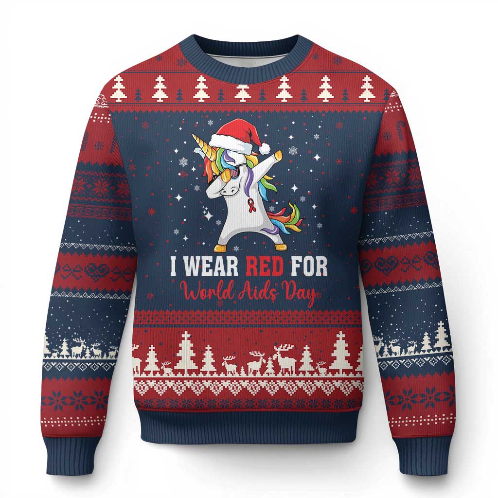 I Wear Red For World AIDS Day Ugly Christmas Sweater Santa Unicorn Dabbing Xmas Gift - Wonder Print Shop