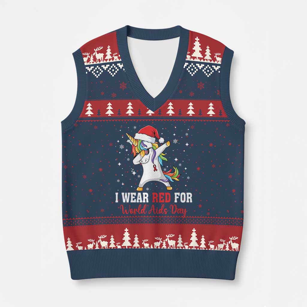I Wear Red For World AIDS Day V-Neck Knit Sweater Vest Santa Unicorn Dabbing Xmas Gift - Wonder Print Shop