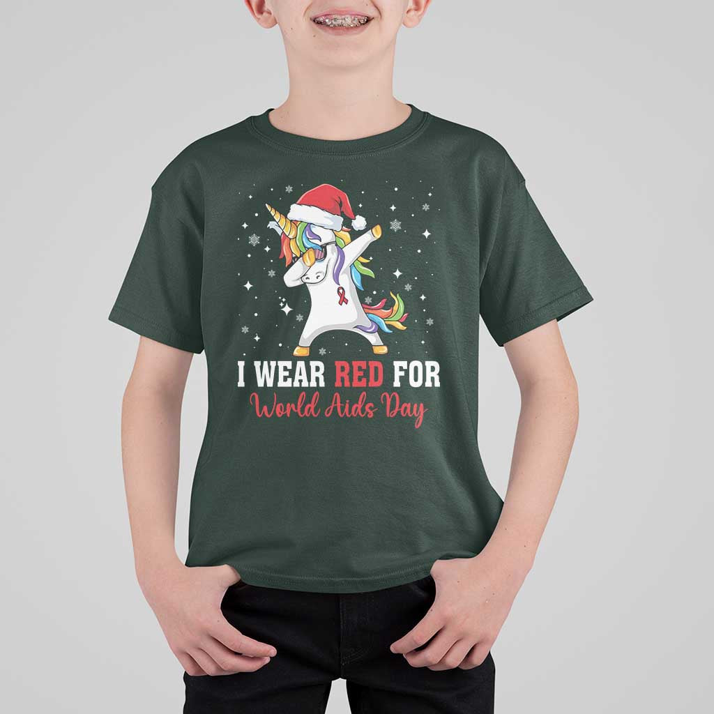 I Wear Red For World AIDS Day T Shirt For Kid Santa Unicorn Dabbing Christmas Gift - Wonder Print Shop