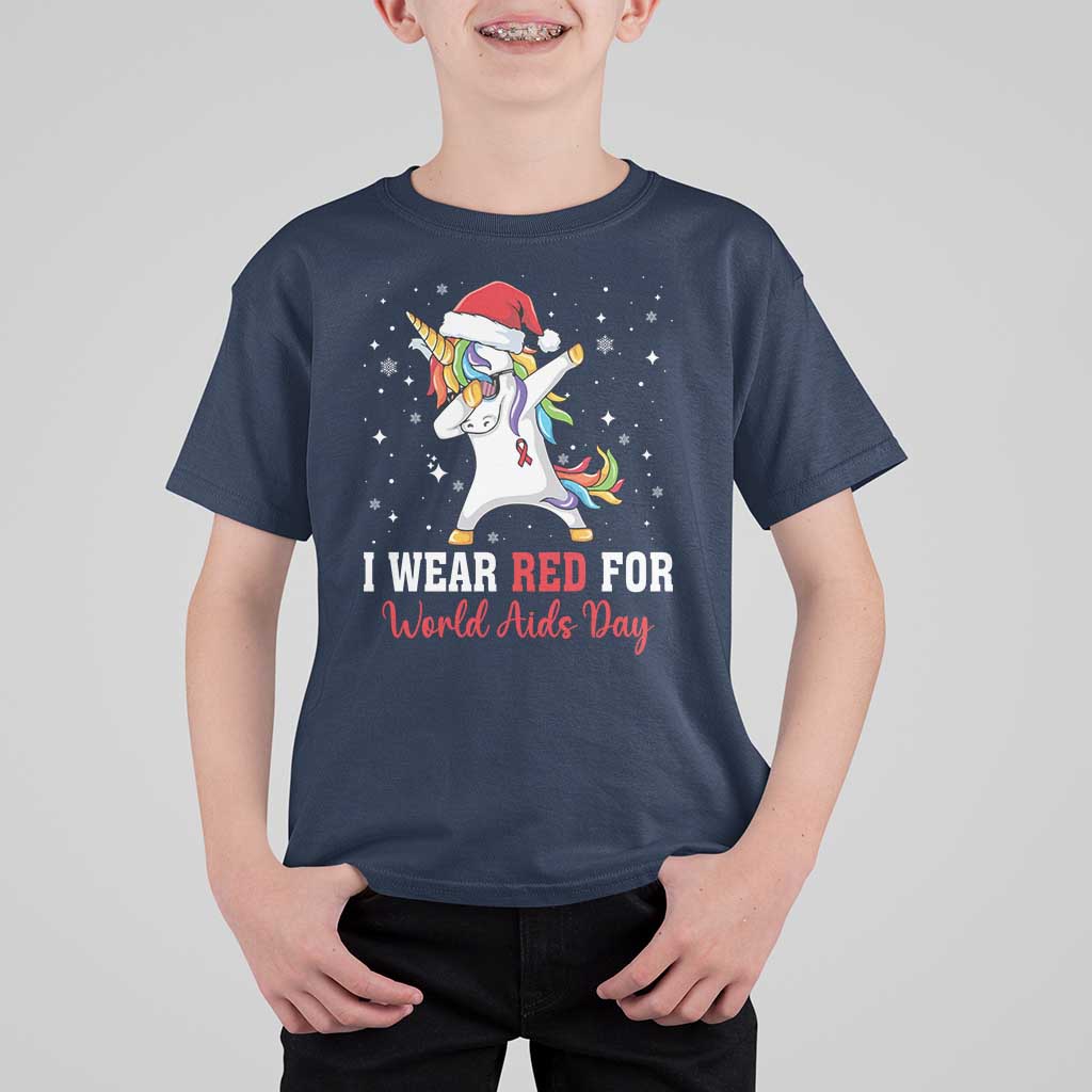 I Wear Red For World AIDS Day T Shirt For Kid Santa Unicorn Dabbing Christmas Gift - Wonder Print Shop
