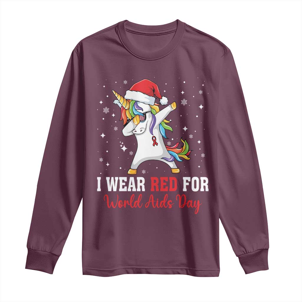 I Wear Red For World AIDS Day Long Sleeve Shirt Santa Unicorn Dabbing Christmas Gift - Wonder Print Shop