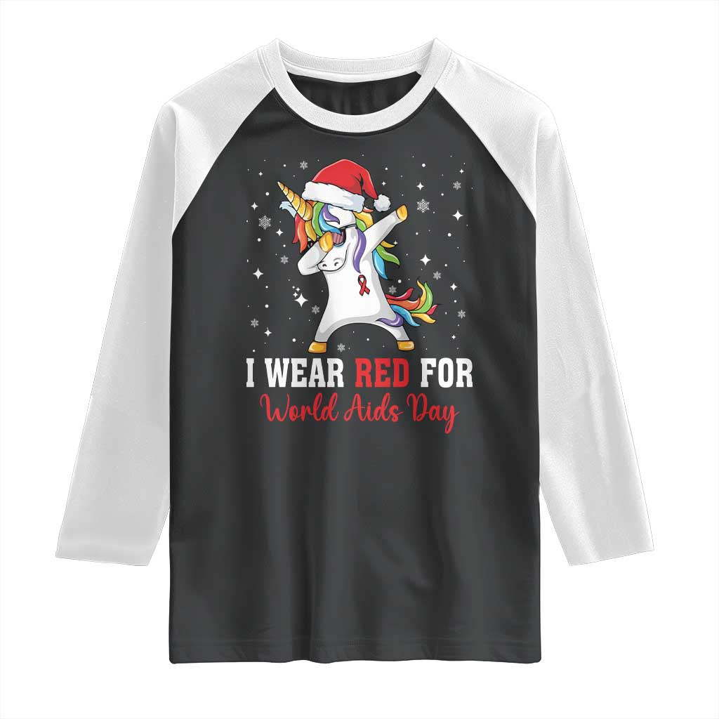 I Wear Red For World AIDS Day Raglan Shirt Santa Unicorn Dabbing Christmas Gift - Wonder Print Shop