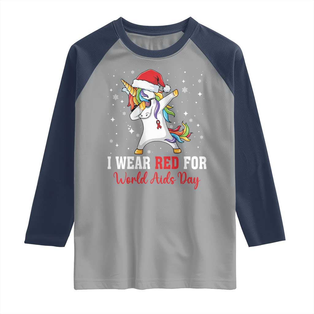 I Wear Red For World AIDS Day Raglan Shirt Santa Unicorn Dabbing Christmas Gift - Wonder Print Shop