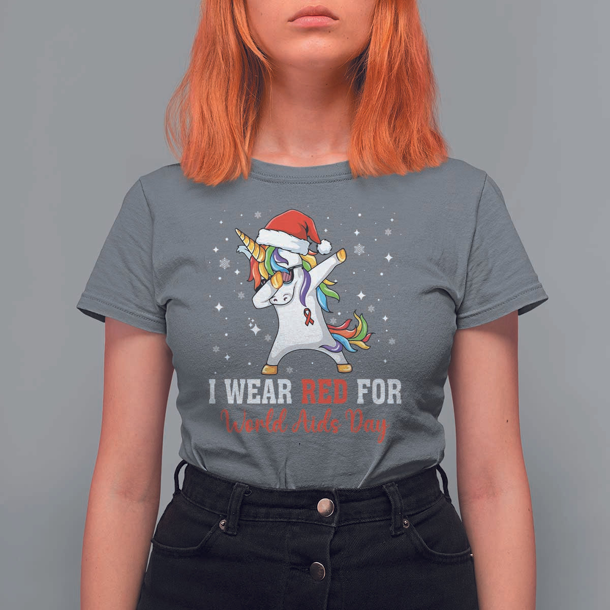 I Wear Red For World AIDS Day T Shirt For Women Santa Unicorn Dabbing Christmas Gift - Wonder Print Shop