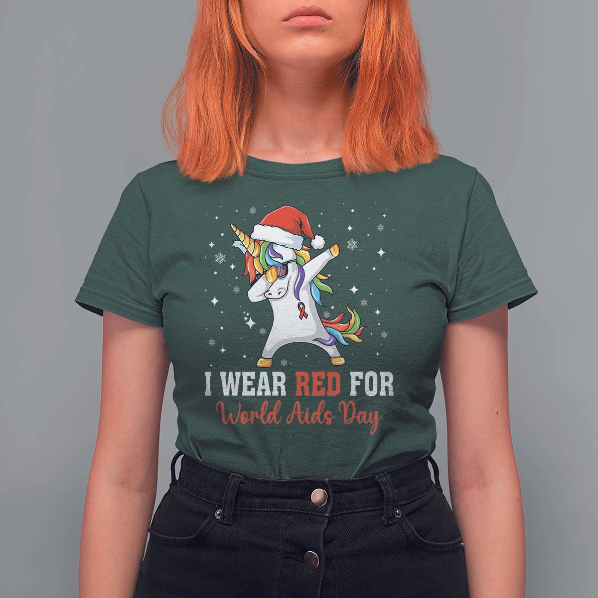 I Wear Red For World AIDS Day T Shirt For Women Santa Unicorn Dabbing Christmas Gift - Wonder Print Shop