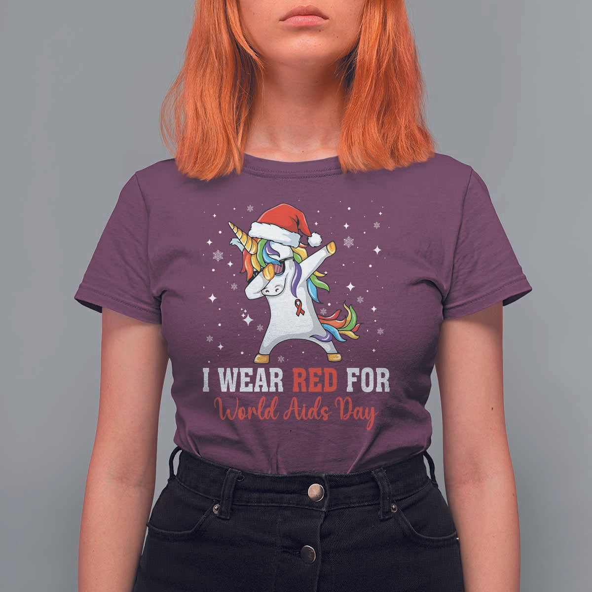 I Wear Red For World AIDS Day T Shirt For Women Santa Unicorn Dabbing Christmas Gift - Wonder Print Shop