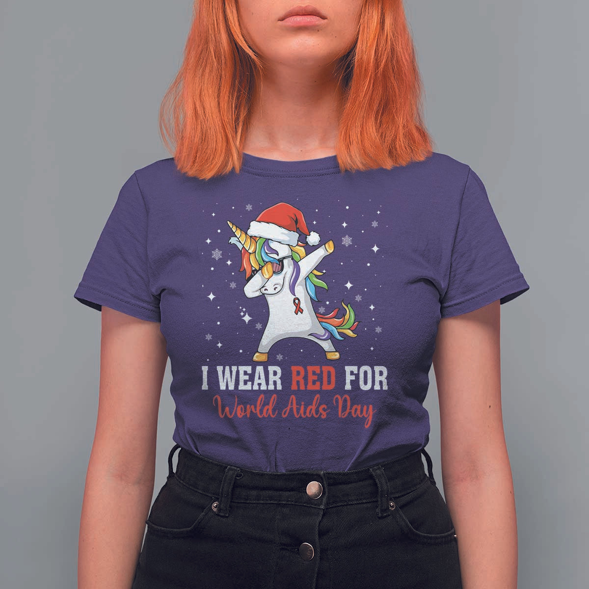 I Wear Red For World AIDS Day T Shirt For Women Santa Unicorn Dabbing Christmas Gift - Wonder Print Shop