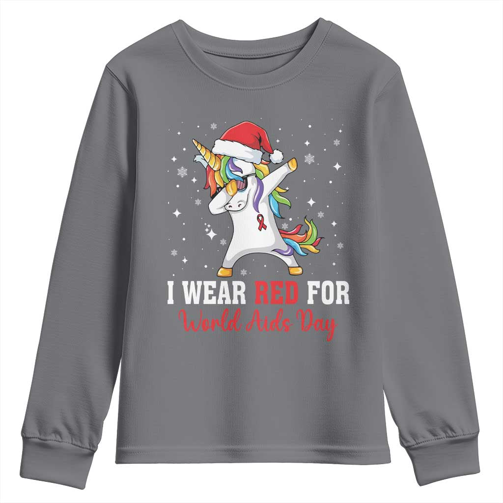 I Wear Red For World AIDS Day Youth Sweatshirt Santa Unicorn Dabbing Christmas Gift - Wonder Print Shop