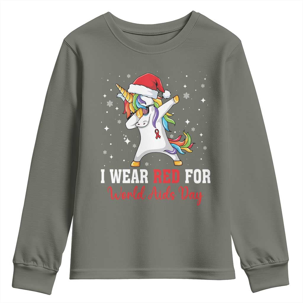 I Wear Red For World AIDS Day Youth Sweatshirt Santa Unicorn Dabbing Christmas Gift - Wonder Print Shop