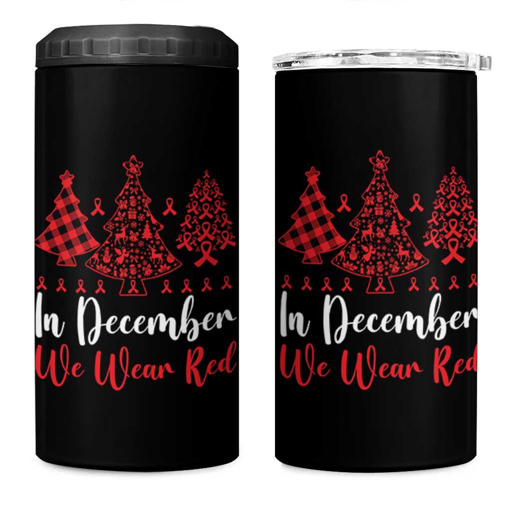 In December We Wear Red 4 in 1 Can Cooler Tumbler HIV Awareness Christmas Ribbon Tree Gift - Wonder Print Shop