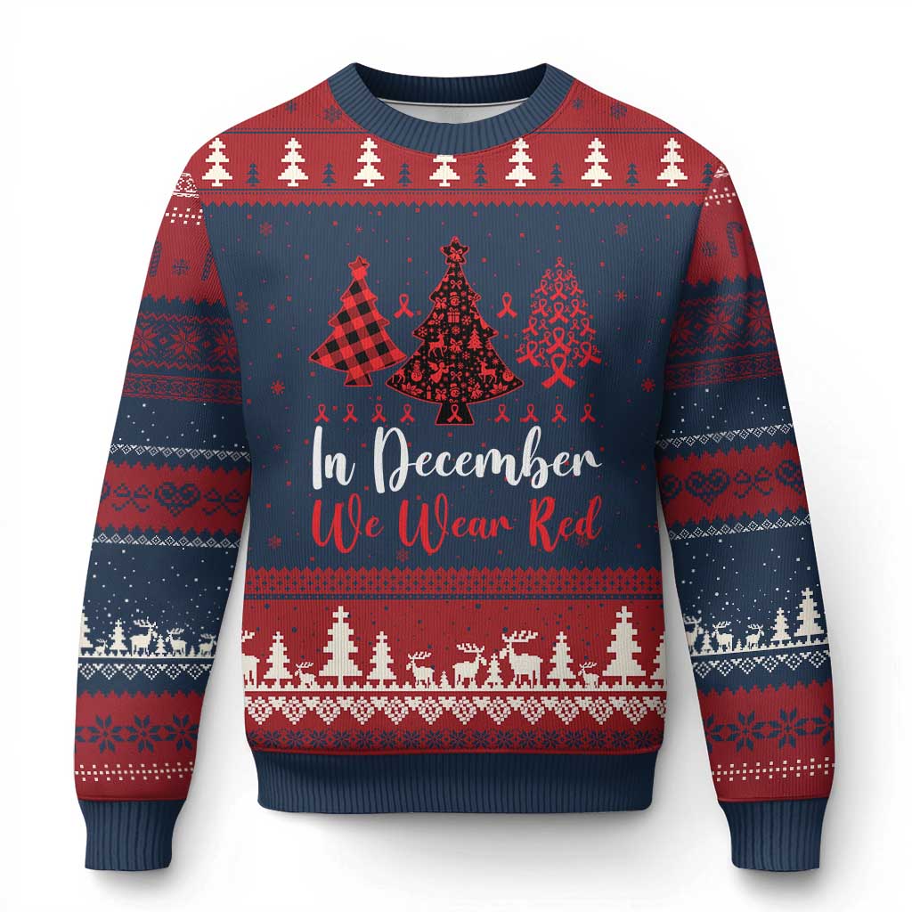 In December We Wear Red Ugly Christmas Sweater HIV Awareness Xmas Ribbon Tree Gift - Wonder Print Shop