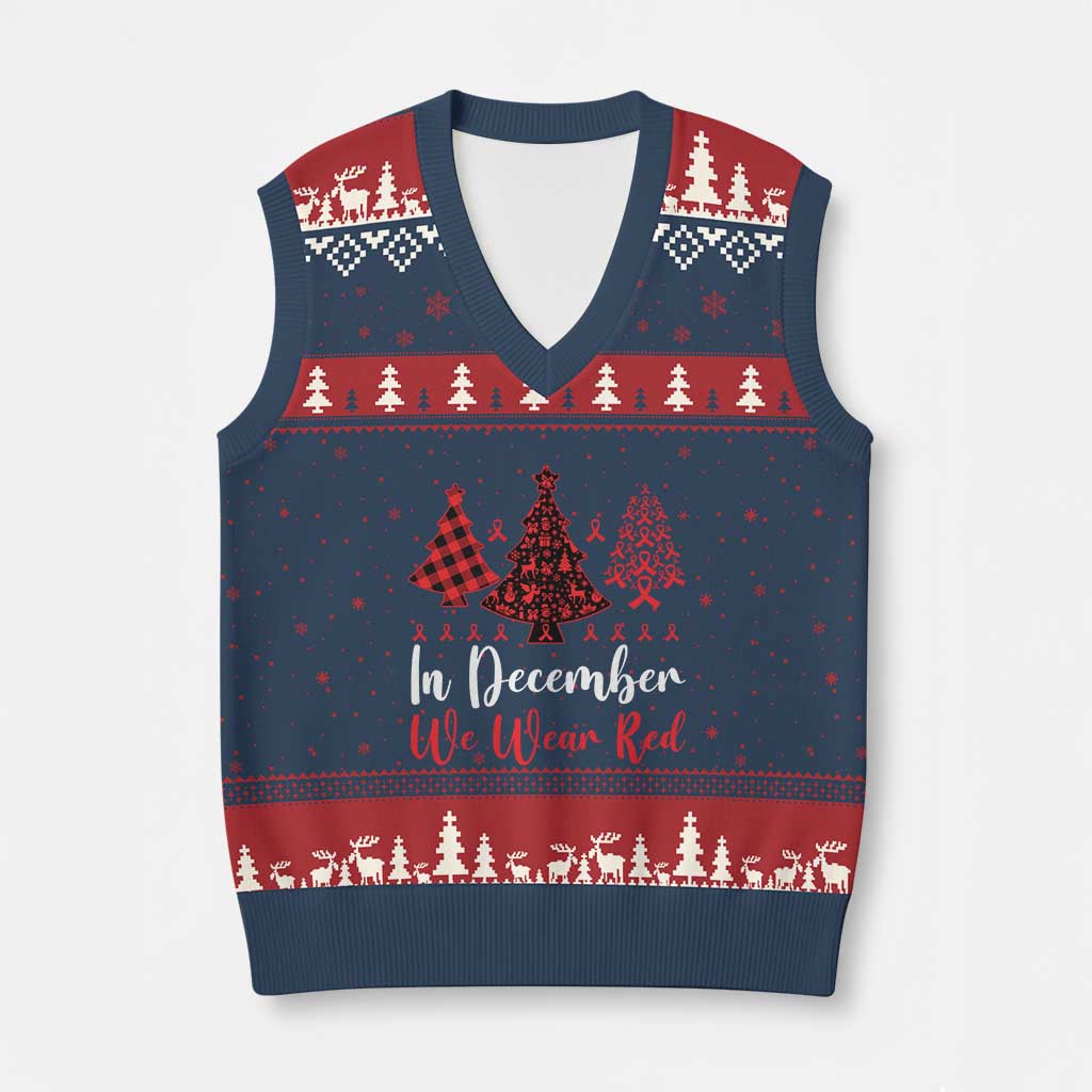 In December We Wear Red V-Neck Knit Sweater Vest HIV Awareness Xmas Ribbon Tree Gift - Wonder Print Shop