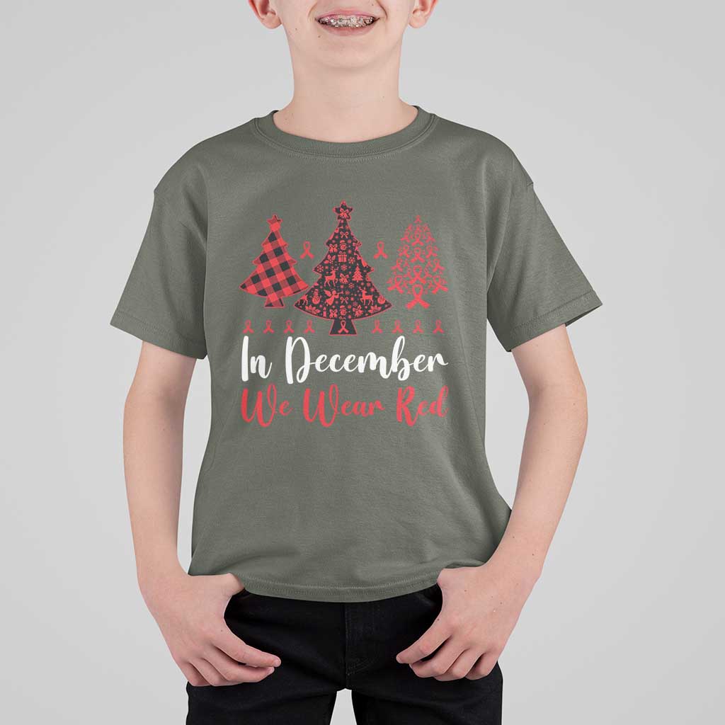 In December We Wear Red T Shirt For Kid HIV Awareness Christmas Ribbon Tree Gift - Wonder Print Shop