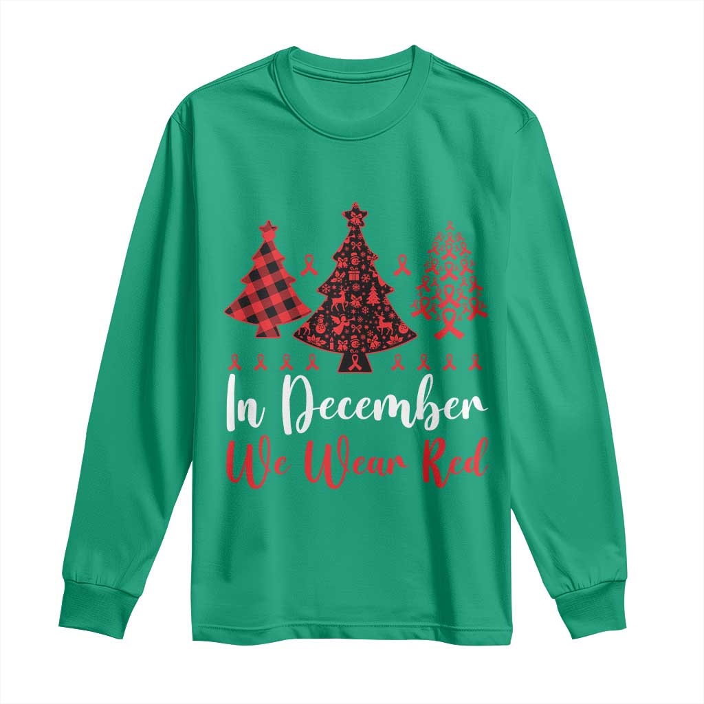 In December We Wear Red Long Sleeve Shirt HIV Awareness Christmas Ribbon Tree Gift - Wonder Print Shop