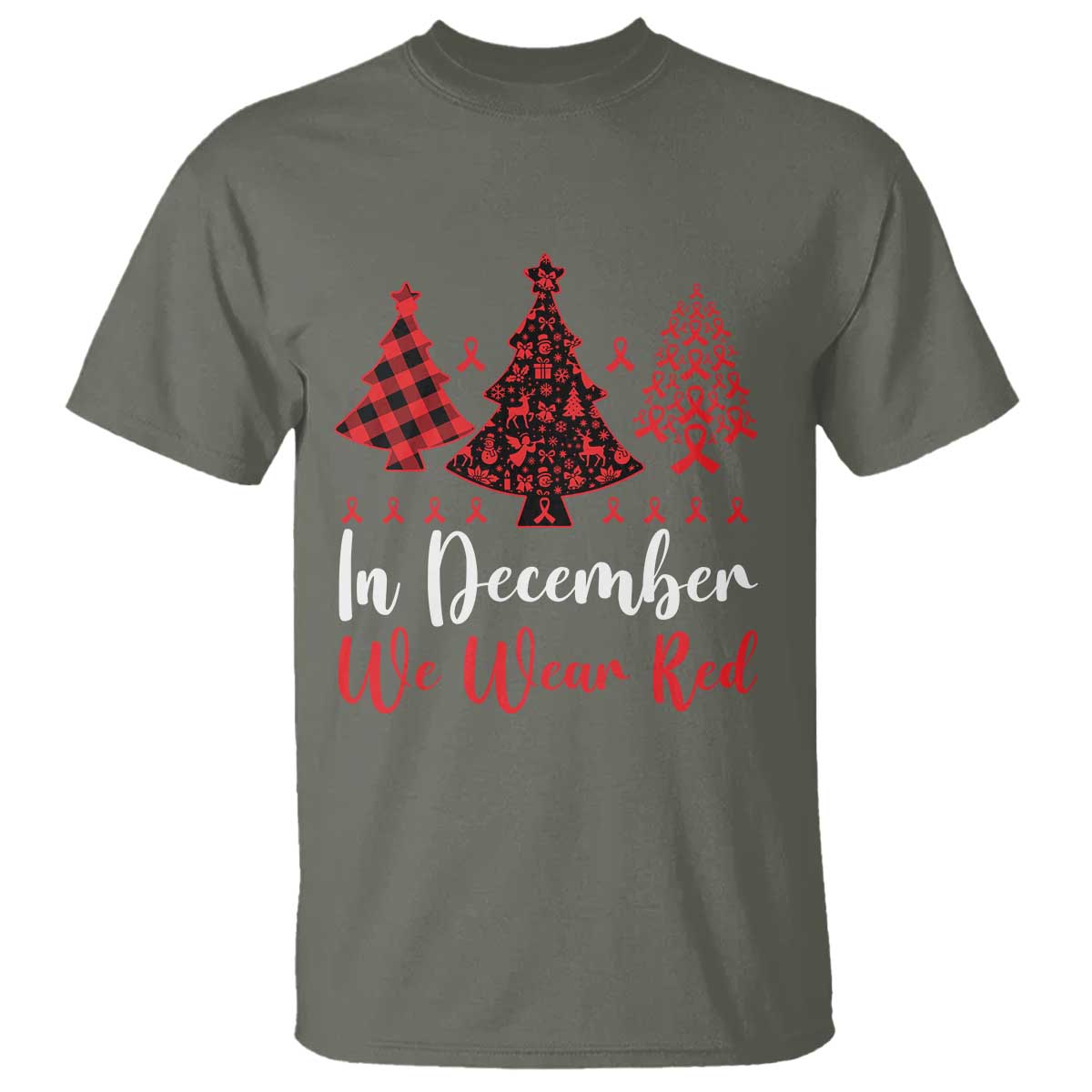 In December We Wear Red T Shirt HIV Awareness Christmas Ribbon Tree Gift - Wonder Print Shop