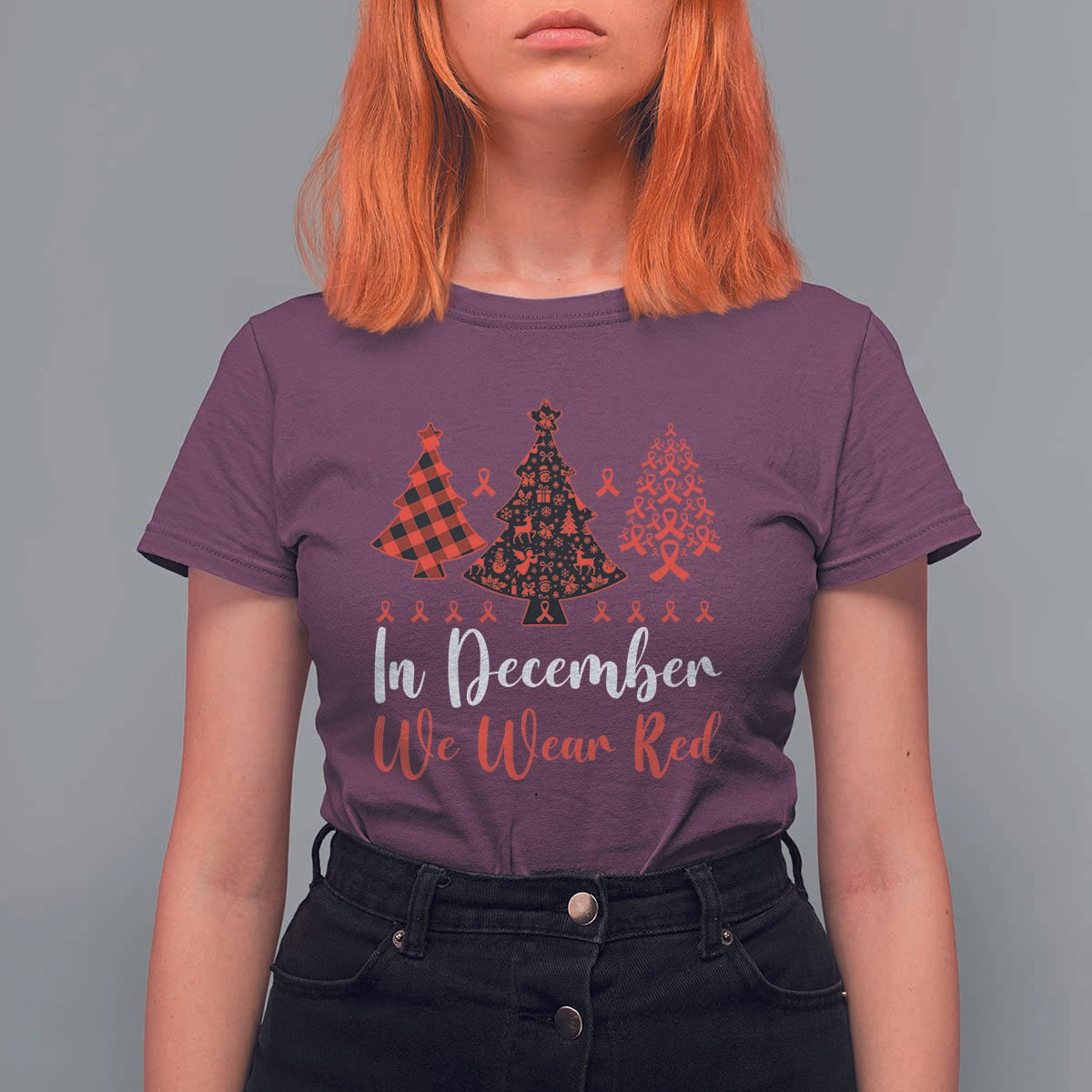 In December We Wear Red T Shirt For Women HIV Awareness Christmas Ribbon Tree Gift - Wonder Print Shop