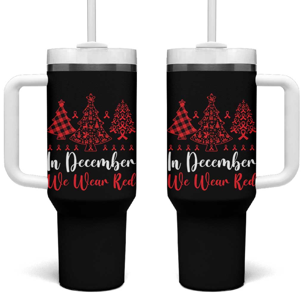 In December We Wear Red Tumbler With Handle HIV Awareness Christmas Ribbon Tree Gift - Wonder Print Shop