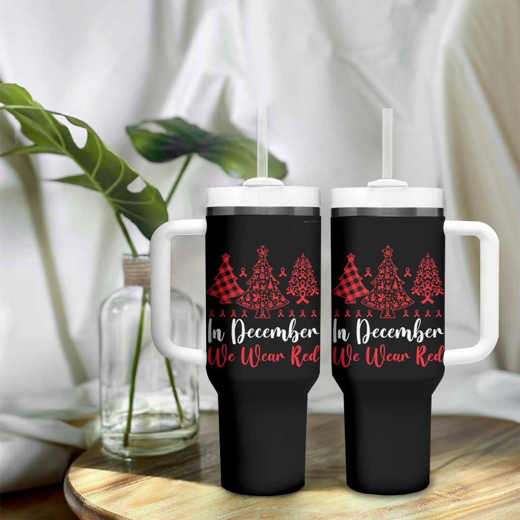 In December We Wear Red Tumbler With Handle HIV Awareness Christmas Ribbon Tree Gift - Wonder Print Shop