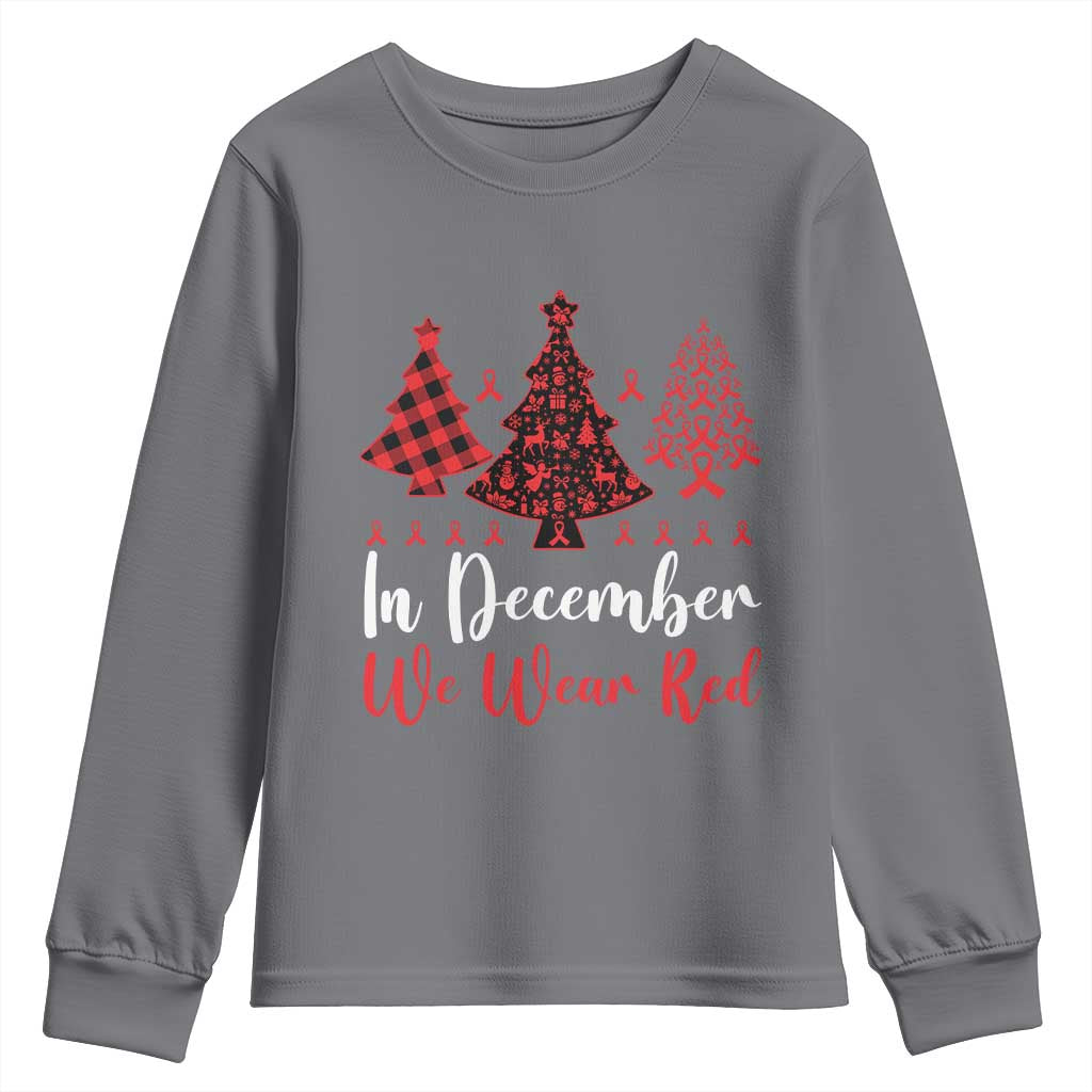 In December We Wear Red Youth Sweatshirt HIV Awareness Christmas Ribbon Tree Gift - Wonder Print Shop