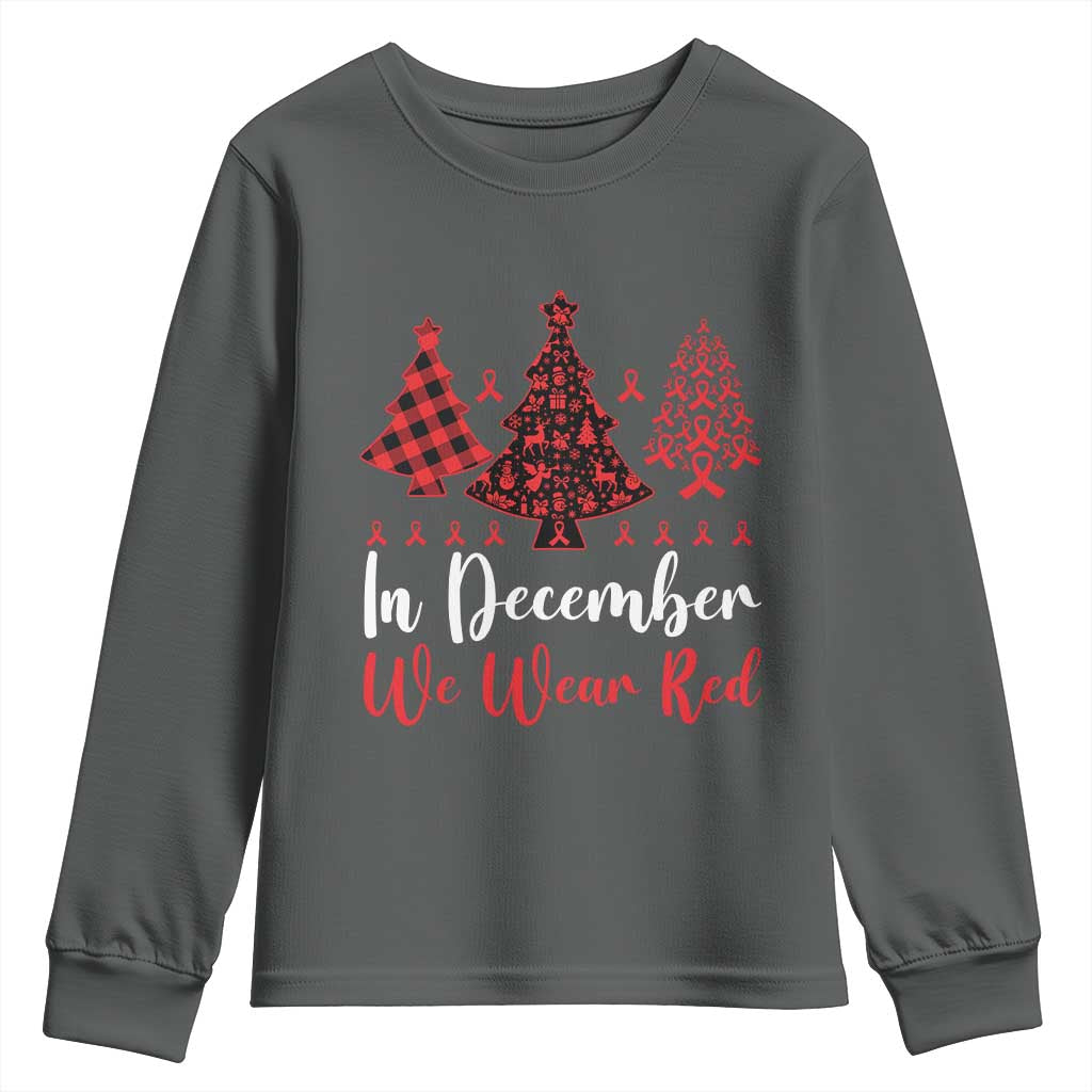 In December We Wear Red Youth Sweatshirt HIV Awareness Christmas Ribbon Tree Gift - Wonder Print Shop