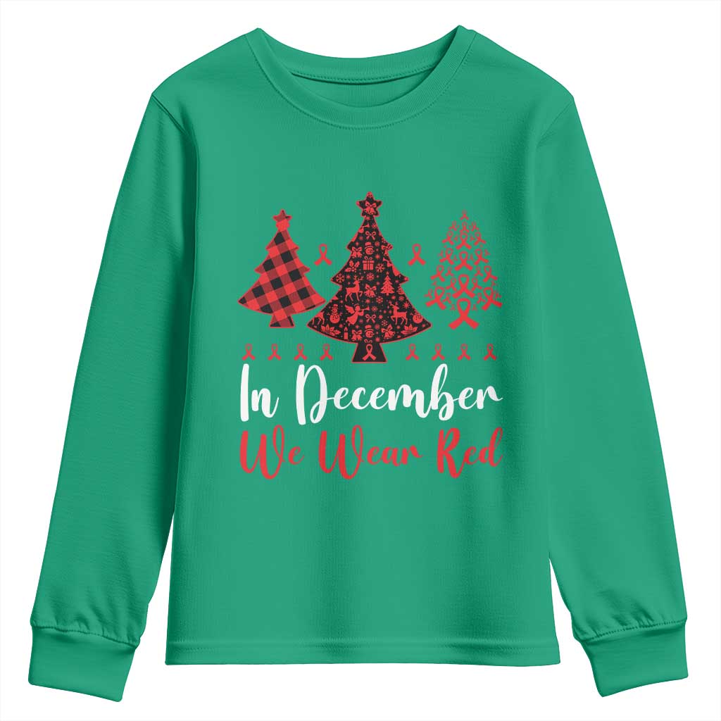 In December We Wear Red Youth Sweatshirt HIV Awareness Christmas Ribbon Tree Gift - Wonder Print Shop