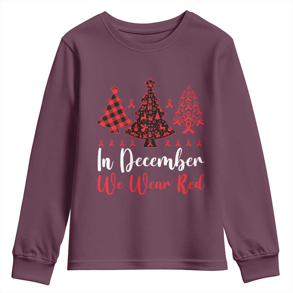 In December We Wear Red Youth Sweatshirt HIV Awareness Christmas Ribbon Tree Gift - Wonder Print Shop