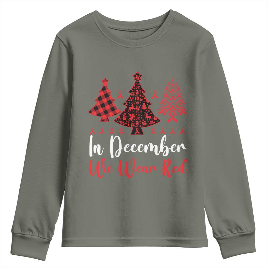 In December We Wear Red Youth Sweatshirt HIV Awareness Christmas Ribbon Tree Gift - Wonder Print Shop