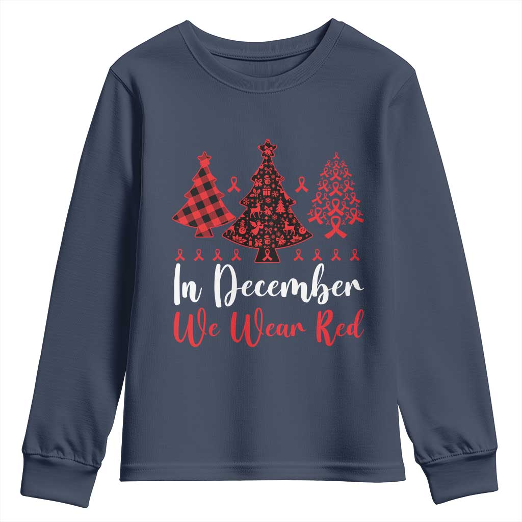 In December We Wear Red Youth Sweatshirt HIV Awareness Christmas Ribbon Tree Gift - Wonder Print Shop