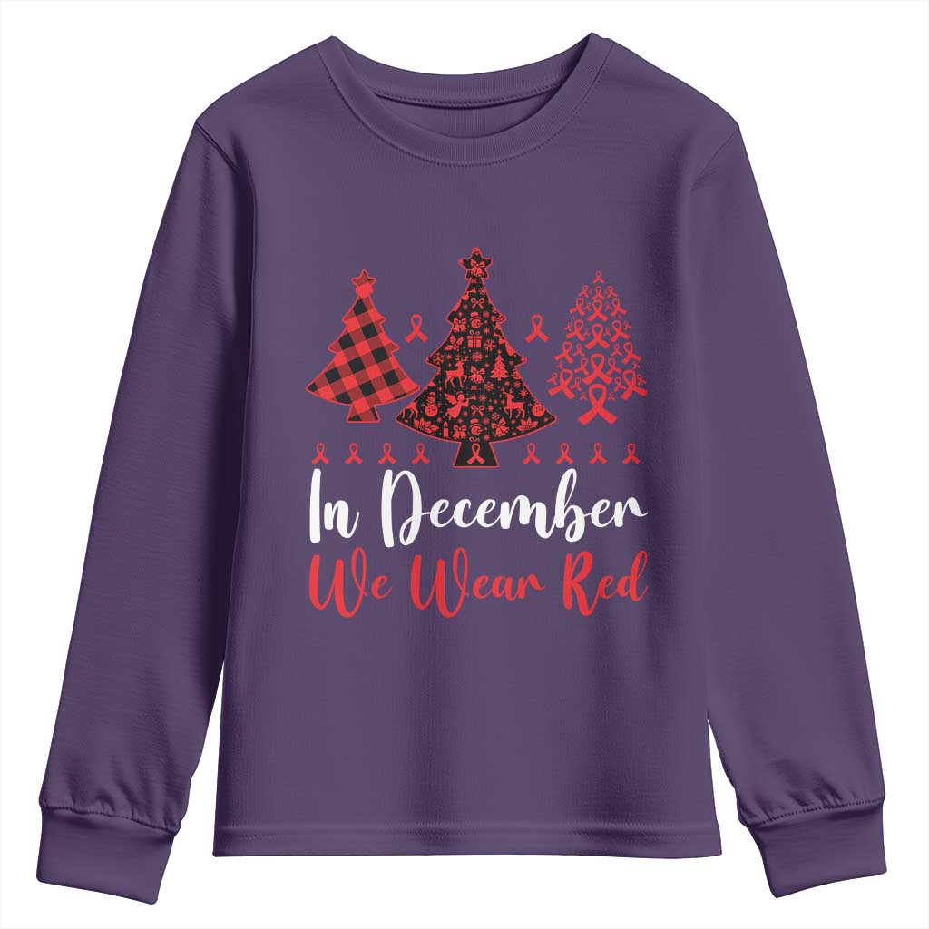 In December We Wear Red Youth Sweatshirt HIV Awareness Christmas Ribbon Tree Gift - Wonder Print Shop