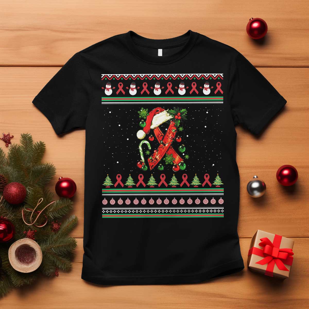 Santa Red Ribbon HIV Awareness T Shirt Ugly Sweater Christmas Gift - Wonder Print Shop